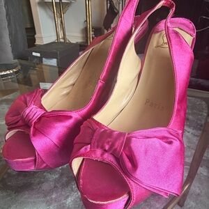 Christian Louboutin Hot Pink Fuschia Peep Toe Satin Bow Slingback Heels 41 10